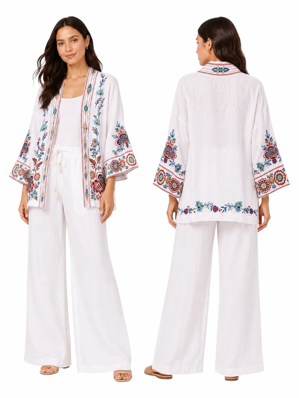 Johnny Was Sicilia Cropped Linen Kimono Jacket Floral Embroidery Size XS